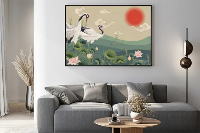 Plakat: Ilustracja z żurawiami w stylu japońskim