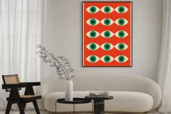 Plakat: Inspirowane bauhausem abstrakcja z zielonym okiem na czerwonym