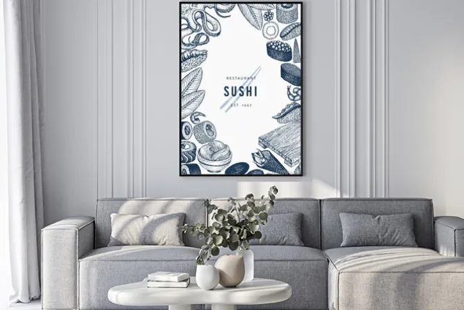 Plakat: Japanese cuisine banner template. sushi hand drawn vector illustrations.