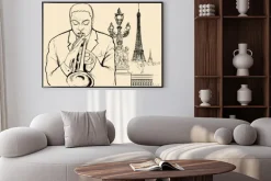 Plakat: Jazzowy trębacz na alexander most w paryżu (pióro rysunek tuszem)