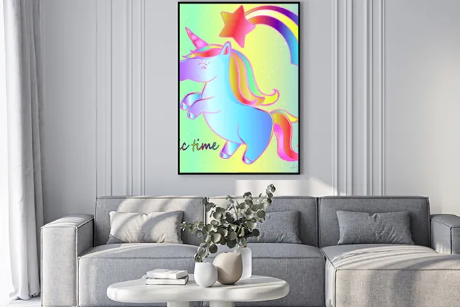 Plakat: Jednorożec i tęcza na jasnym neonowym tle to magiczny czas. jasny