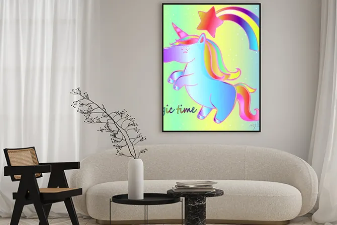 Plakat: Jednorożec i tęcza na jasnym neonowym tle to magiczny czas. jasny