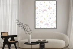 Plakat: Jednorożec magii wzór tła z tęczy, gwiazd i diamentów. do druku