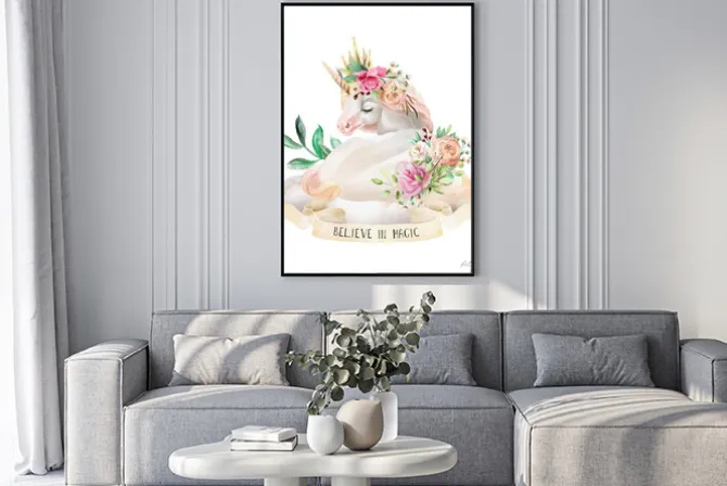 Plakat: Jednorożec w koronie i wstęga z napisem