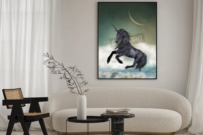 Plakat: Jednorożec w oceanie z wielkim księżycem