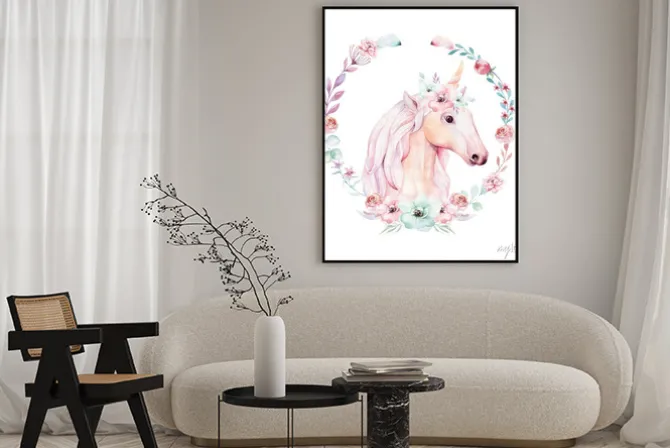 Plakat: Jednorożec w wieńcu z kwiatów