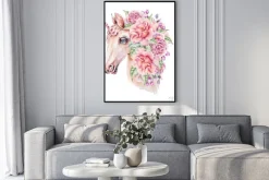 Plakat: Jednorożec z kwiatami na głowie malowany akwarelą