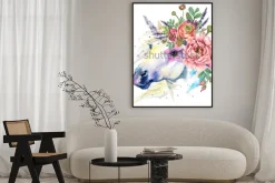 Plakat: Jednorożec z kwiatami na głowie malowany akwarelą