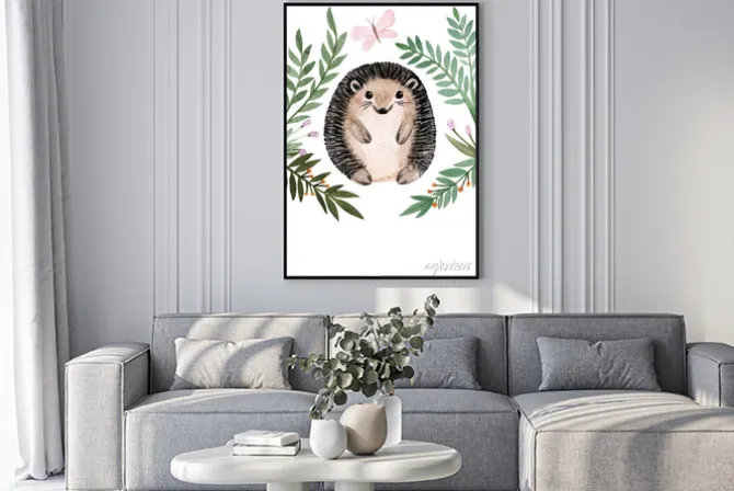 Plakat: Jeżyk z motylkiem wśród gałązek dla dzieci