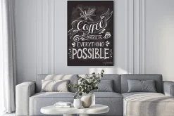 Plakat: Kawa transparent z cytatem na tablicy kredą. kawa sprawia, że