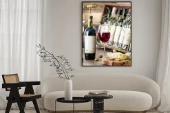 Plakat: Kieliszki wina i serów.