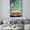 Plakat: Klasyczny samochód na tropikalnej plaży z palmy, proces rocznika