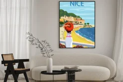 Plakat: Kobieta na plaży retro ilustracja lazurowe wybrzeże