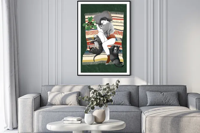 Plakat: Kobieta odpoczywająca na kocu z kotami