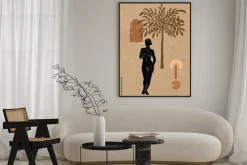 Plakat: Kobieta pod palmą abstrakcyjna ilustracja