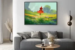 Plakat: Kobieta w dziedzinie kwiat obok czerwonego zamku i góry, ilustracja