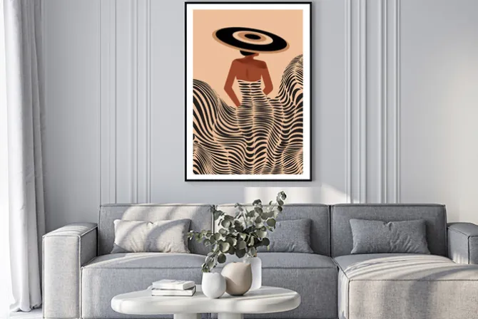 Plakat: Kobieta w sukience zebry z kapeluszem