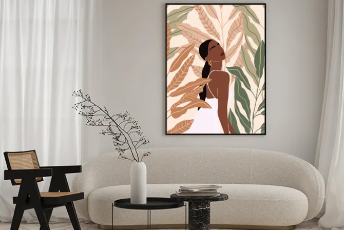 Plakat: Kobieta wśród dużych tropikalnych liści ilustracja