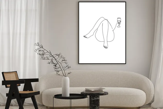 Plakat: Kobieta z winem w stylu line art