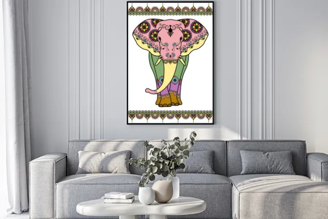 Plakat: Kolor słonia z elementami granicznych w etnicznym stylu mehndi.