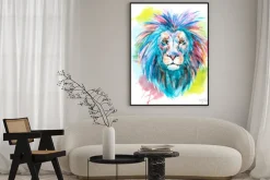 Plakat: Kolorowa głowa lwa w stylu akwarelowym