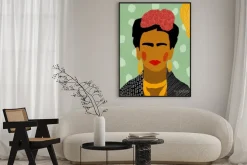 Plakat: Kolorowa ilustracja fridy kahlo na zielonym tle w groszki