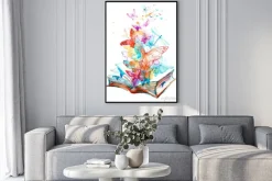 Plakat: Kolorowe motyle i ważki wylatujące z książki ilustracja