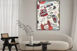 Plakat: Komiksowe symbole londynu z napisami