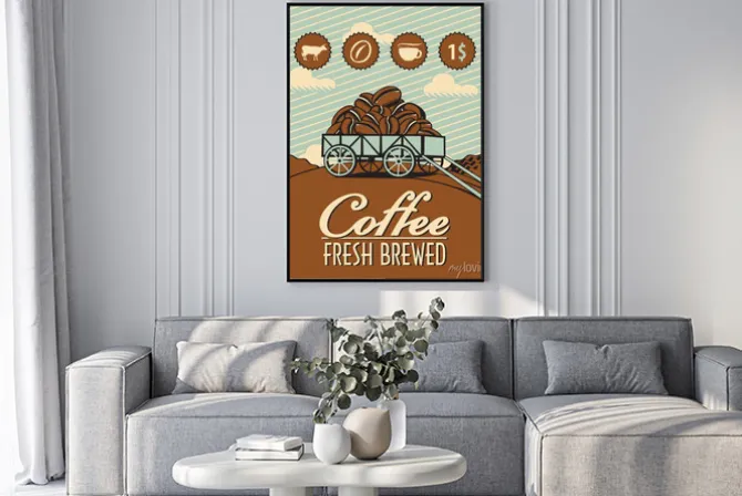 Plakat: Kompozycja retro z wózkiem i kawą