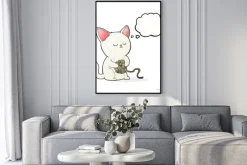 Plakat: Kot kreskówka gra w piłkę przędzy z bańki myśli