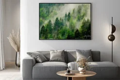 Plakat: Krajobraz lasu iglastego we mgle