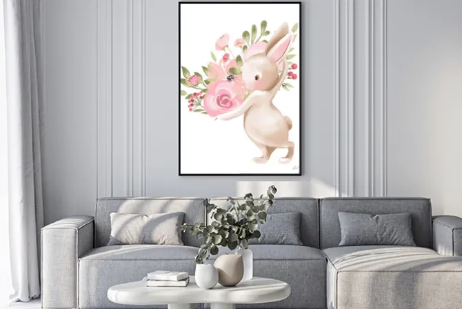 Plakat: Królik z dużym bukietem kwiatów