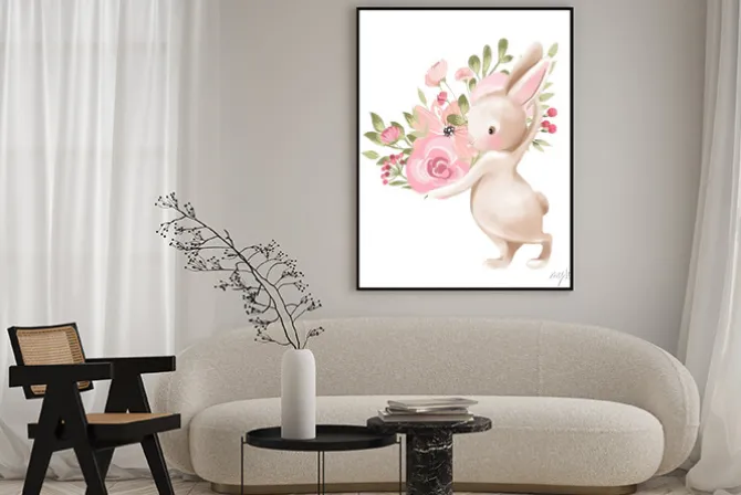 Plakat: Królik z dużym bukietem kwiatów