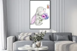 Plakat: Królik z kwiatami i motylem