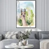 Plakat: Lama w kompozycji z kaktusami w stylu rysunkowym