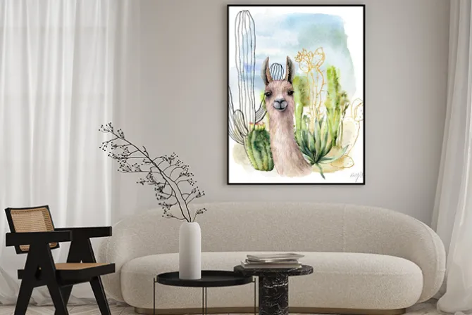 Plakat: Lama w kompozycji z kaktusami w stylu rysunkowym