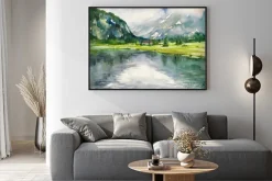 Plakat: Latem krajobraz z górskie jezioro malowane akwarelami