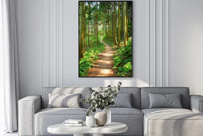 Plakat: Leśna ścieżka otoczona zielonymi drzewami