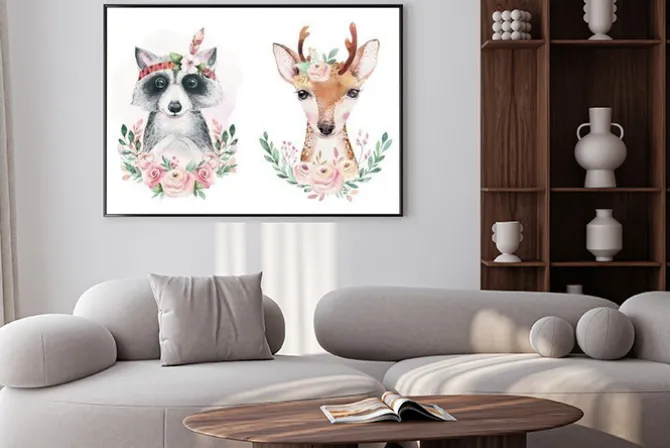 Plakat: Leśne zwierzątka z kwiatami