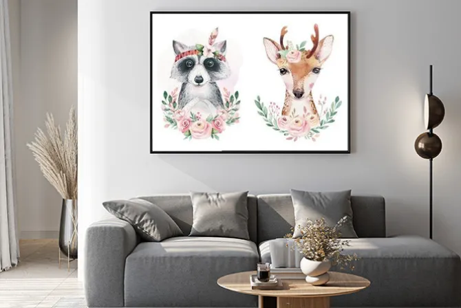 Plakat: Leśne zwierzątka z kwiatami