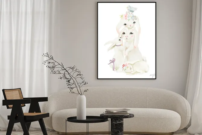 Plakat: Śliczna biała mama (matka, mama) z króliczkami, wiązaną kokardą,