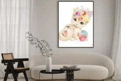 Plakat: Śliczne akwarela niebieskooki kotek z kwiatów, bukiet kwiatów,