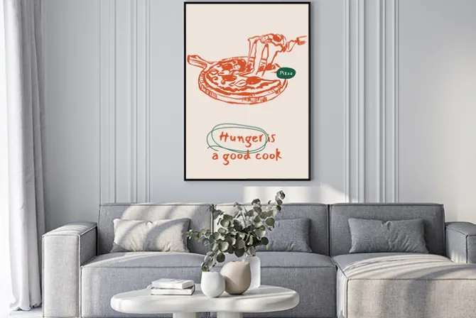 Plakat: Liniowy szkic pizzy z roztopionym serem i napisami