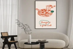 Plakat: Liniowy szkic pizzy z roztopionym serem i napisami