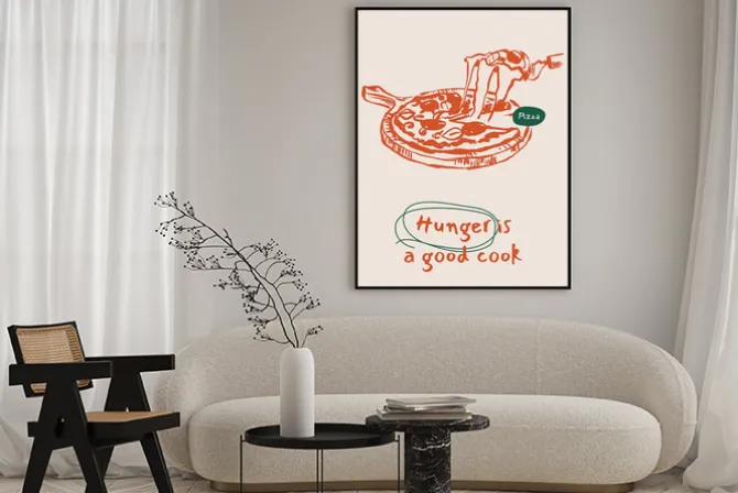 Plakat: Liniowy szkic pizzy z roztopionym serem i napisami