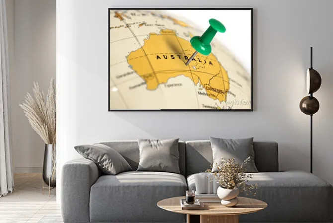 Plakat: Location australia. green pin on the map.