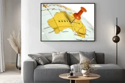 Plakat: Lokalizacja australia. czerwony pin na mapie.