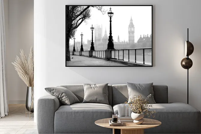 Plakat: Londyn we mgle czarno-biały krajobraz
