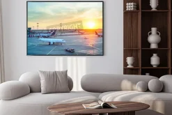 Plakat: Lotnisko z wieloma samolotami w piękny zachód słońca