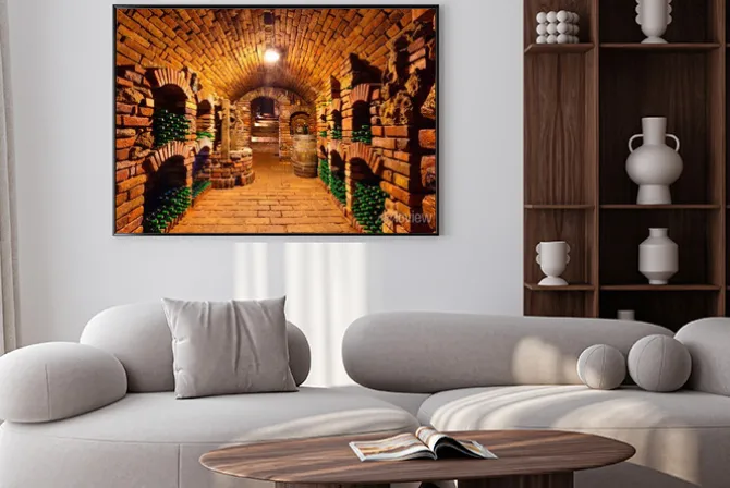 Plakat: Mała piwnica z butelkami i beczkami